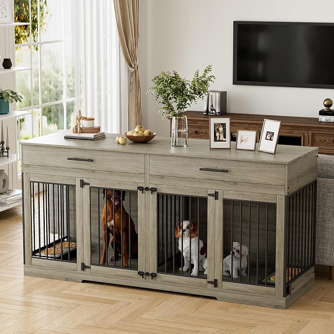 Rophefx 72" Double Dog Crate Furniture with Drawers and Divider, Grey | Wooden dog kennel for 2 medium dogs with 2 drawers, removable divider, 4 bowls and TV stand top