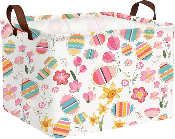 Large Rectangular Easter Baskets Empty Waterproof Boy Toy Box Foldable Kid's Gifts Storage Bin Spring Room Decor(Tulip Flower Egg)