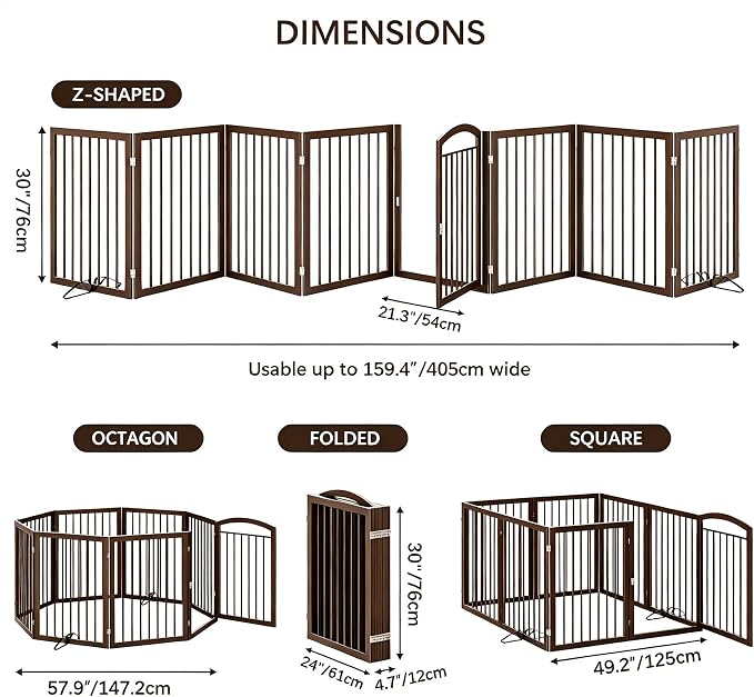 JSB 192-inch Extra Wide 30-inch Tall Dog gate with Door Walk Through,Full Matel Freestanding Round Tube Pet Gate for Halls Stairs, Puppy Safety Dog Fence with 4PCS Support Feet (Round Tube Espresso)