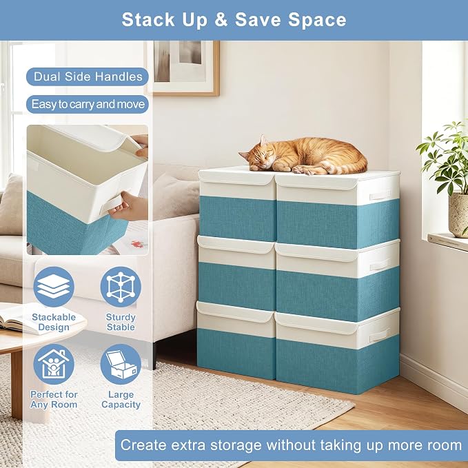 Large 22 Quart Linen Fabric Foldable Storage Bin Cube Organizer Basket with Flip-Top Lid & Handles, Clothes Blanket Box for Home, Office, Closet, Teal & White, 4 Pack 14.6 x 9.5 x 9.5