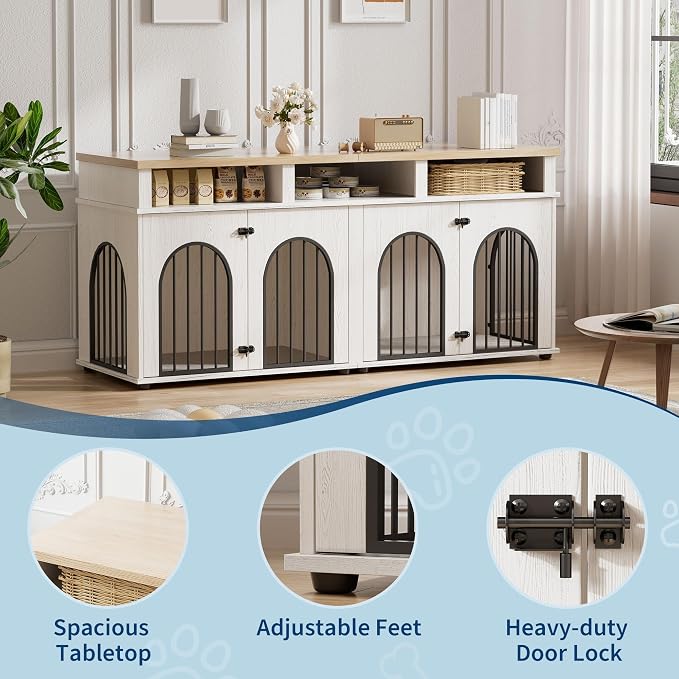 Garvee Double Dog Crate Furniture 71 in Dog Kennel Furniture for 2 Medium Dogs, Heavy Duty Dogs Cage XL Dogs House Indoor with 3 Storage Shelves, Large Puppy Crates with 8 Adjustable Feet