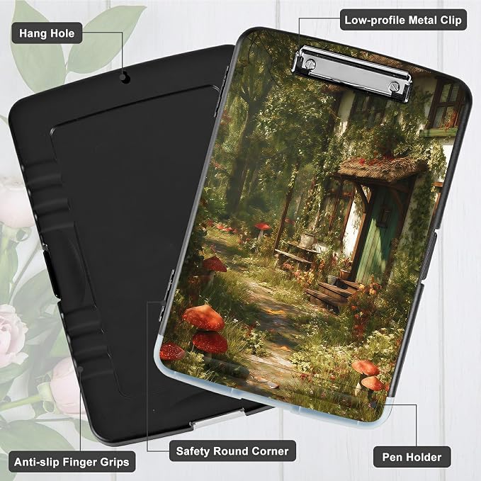 A4 Clipboard with Storage Pen Holder, Clipboards Organizer Nursing Clipboard Foldable File Folder Plastic Clipboard Folio Clip Board for Office Work Classroom Doctor, Red Mushroom Village