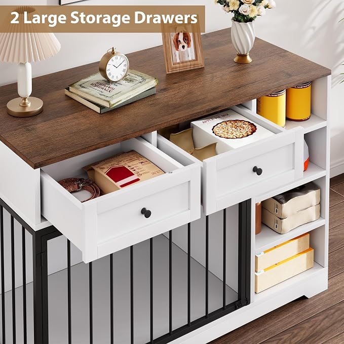 GarveeHome 47" Medium Dog Crate Furniture with Storage, White | Dog Crate TV Stand with 2 Drawers and 4 Open Shelves, Wooden Decorative Dog Kennel Indoor