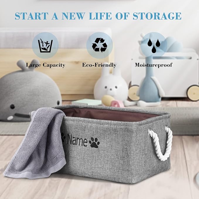 Dog Toy Storage Basket/Bin with Personalized Embroidered Pet Name - Collapsible Pet Storage Bins Rectangle Organizer Basket for Dog Toys, Clothing, Blankets, Food & Accessories (large, Pink)