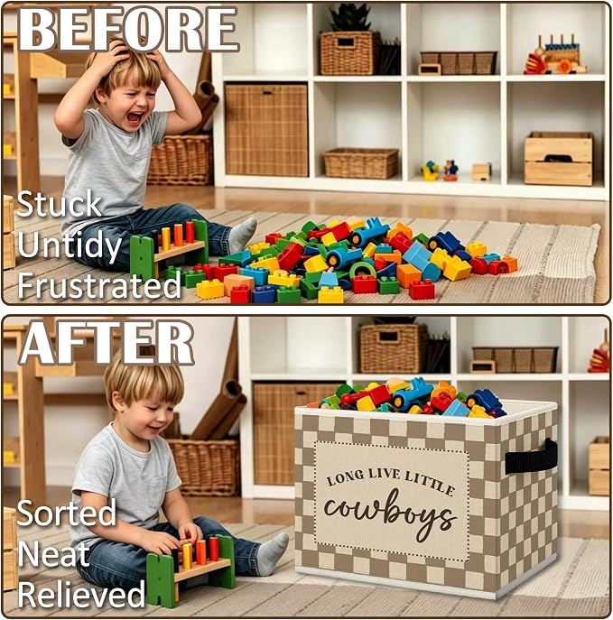Western Cowboy Nursery Cube Storage Bins with Handles, Long Live Little Cowboys Boys Collapsible Fabric Storage Basket Boxes Books Clothes Organizer for Kids Boy Nursery Bedroom Bathroom