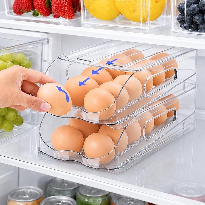 SMRCAD 24-Egg Dispenser with Silicone Bumpers, Auto-Rolling, Stackable | BPA-free food-grade PET | Stackable with lid | Built-in handle | Fits Large to Jumbo Eggs | Hand wash only