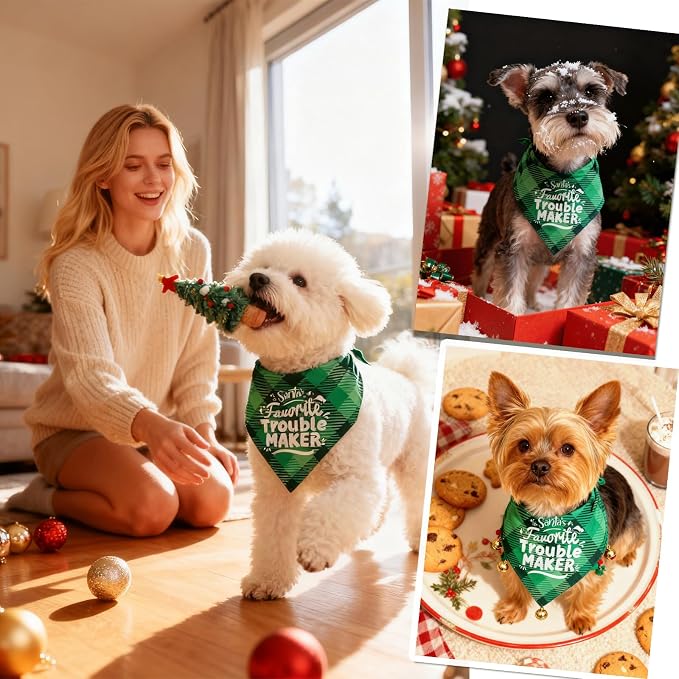 Christmas Dog Bandanas - Santa's Favorite Trouble Maker, Naughty & Nice List Print Pet Holiday Scarf Costume Gift, Green Plaid, Small & Medium Breed, 5-25lbs