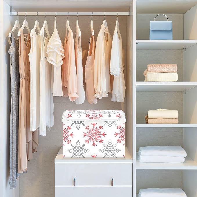 senya Christmas Baskets Collapsible Storage Bins with Lids, Snowflakes Red Gray Storage Boxes Clothes Baskets for Organizing