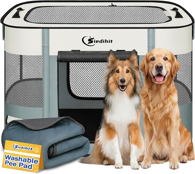 Siedihit 35" Dog Playpen,Cat Puppy Pen, Pet Portable Crate Indoor Outdoor | Durable Travel Camping Use,Foldable Dog Kennel Tent Cage for Rabbit Small Animals with Carrying Case(Grey with Pad, Large)