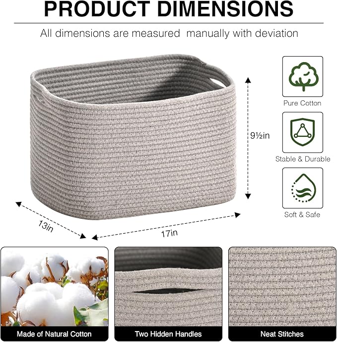 ICERZCZ Woven Cotton Rope Storage Basket for Organizing, Cute Decorative Baskets for Gifts Empty, Organizer Bins for Dog Toy, Baby Laundry, 17“×13”×9.5“, Light Grey