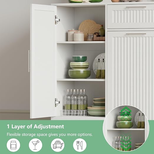 Single 13 Gallon Pull Out Trash Can Cabinet with Storage Cabinet,White | Pet Proof Hidden Garbage Can Cabinet,3-Tier Shelves,Fluted Design,Extra Drawer Space,Kitchen & Dining Room Organization