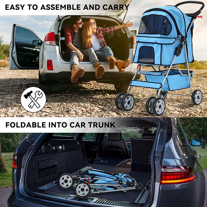 4 Wheels Cat Stroller, Pet Cat Jogger Stroller, Folding Carrier Waterpro with Cup Holder & Removable Liner, Dog Strollers for Small Dogs, for Small and Medium Pet Supplies (Blue)