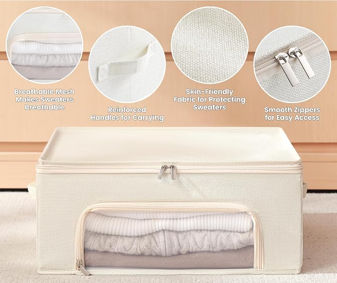 2-Pack Cashmere Sweater Storage Bags for Wool with Cedar Blocks, Ivory | Breathable Cashmere/Wool Garment Storage, Mesh Window, Rigid PP Support, Cedar Protection, Foldable Closet Clothes Storage