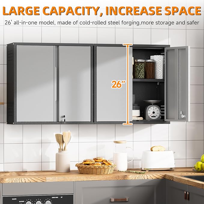 Garage Wall Cabinet with 2 Doors, Metal Wall Cabinet with Lock | 26''H Wall Mounted Cabinet, Lockable Floating Tool Cabinet, Steel Storage Cabinet for Kitchen,Office,Garage,Laundry,Warehouse