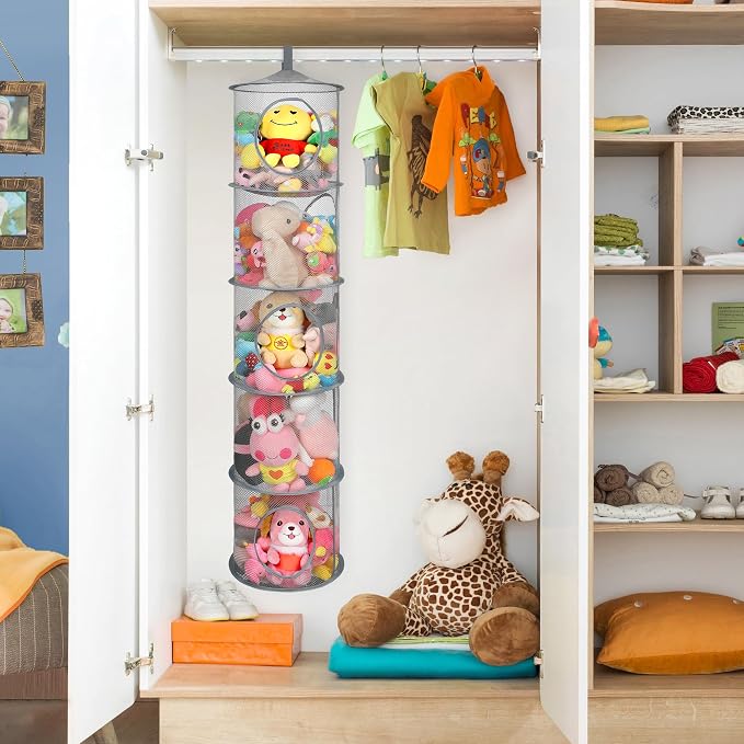 2Pcs Hanging Mesh Space Saver Bags Organizer, Foldable Storage Organizer 5 Compartments Toy Storage Organizer for Kid Room Toys, Gloves,Hats,Socks Storage #Grey | Hanging Mesh Storage Organizer for Kids Room, Holds Plushies, Gloves, Hats, Socks, Foldab...