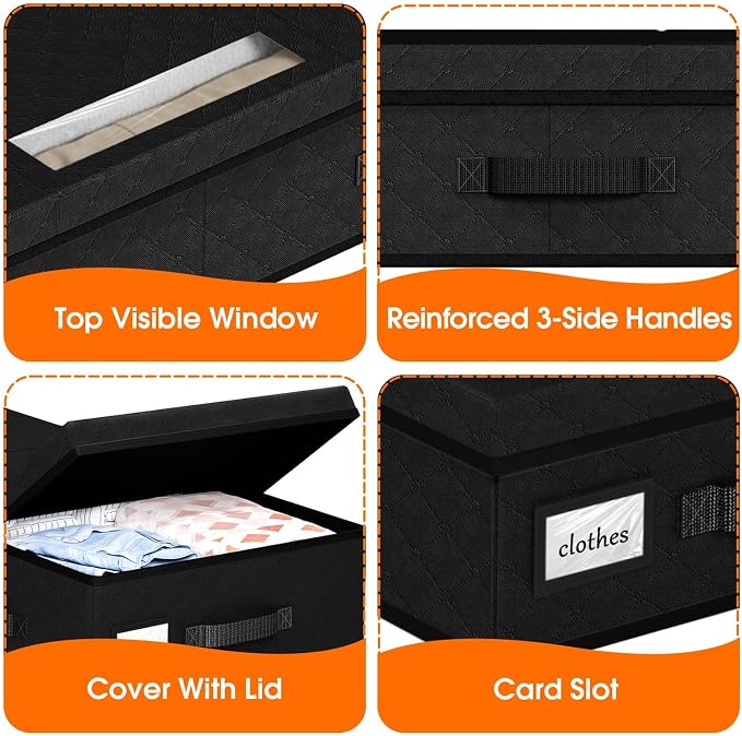StoreHappily Under Bed Storage Containers with Lids, 2 Pack Foldable Black | Storage organizer, Stackable Clothes Storage Bags, For Blankets Pillows Clothing, Clear Window, 3-Sided Handles, Label Slot