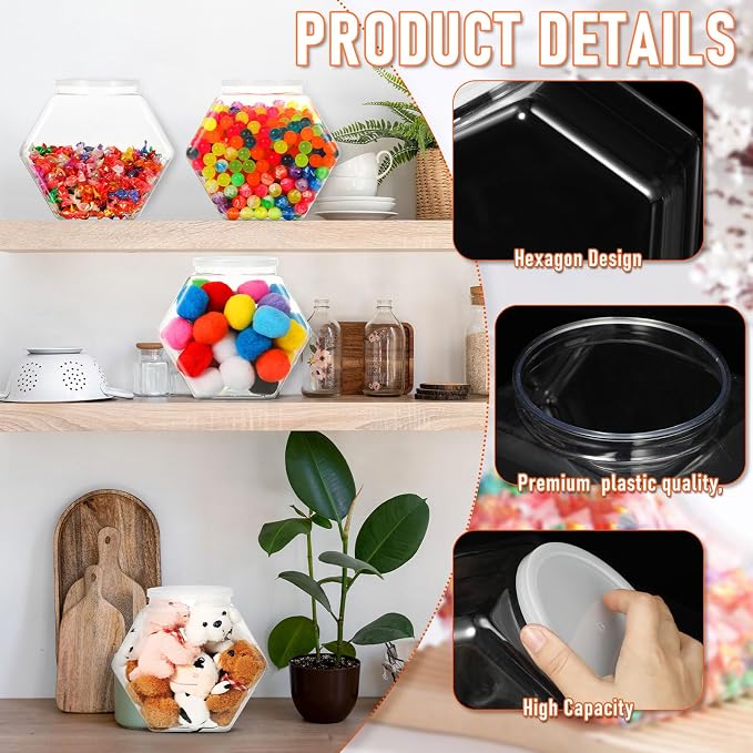 Uiifan Plastic Candy Jar with Lid Clear Hexagonal Fish Bowls,129Oz | Clear Cookie Jar Desk Pet Display, Dog Food Craft Supplies Coffee Pod Storage, Wide Mouth Easy Access Organizer
