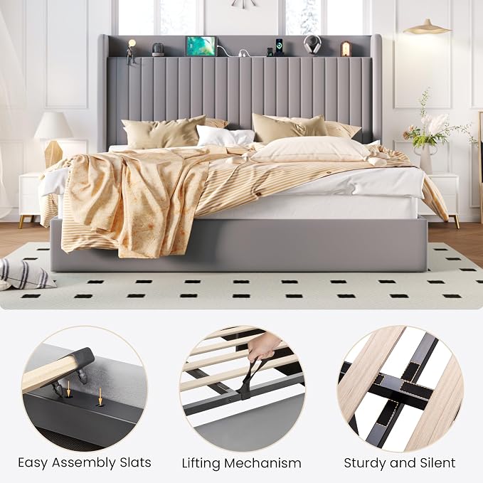 SHA CERLIN King Size Lift Up Storage Bed Frame, Charging Station, Grey | Storage Headboard with Charging Station, USB, Type-C Port Velvet Hydraulic Storage Bed No Box Spring Needed Noise Free