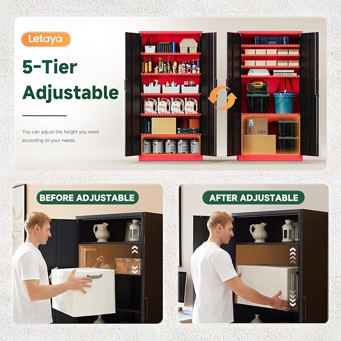 Metal Garage Storage Cabinets with Lock, 71" Tall Locker Organizer Steel Tool Cabinets,5 Adjustable Shelves 2 Doors for Home Office, Warehouse,Garage,Industrial,Employee (Black Red)