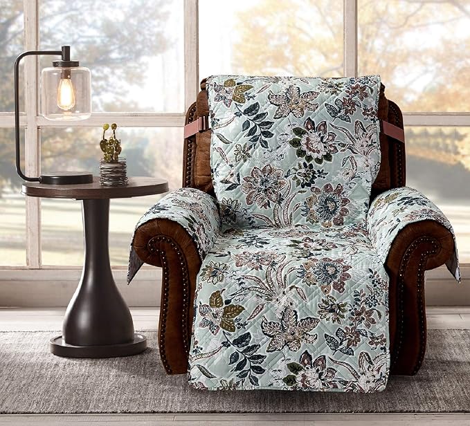Brilliant Sunshine Green Vintage Flowers Couch Recliner Cover, 26" seat | Quilted Sofa Cover, Living Room & Bedroom Furniture Protector, Washable Reclining Chair Slipcover for Pets, Dogs & Cats