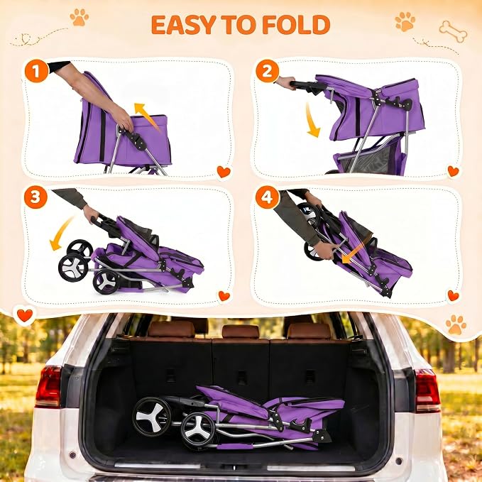 ZENY Foldable Pet Stroller, Cat/Dog Stroller with 4 Wheels | Pet Travel Carrier Strolling Cart with Storage Basket, Cup Holder (Purple)