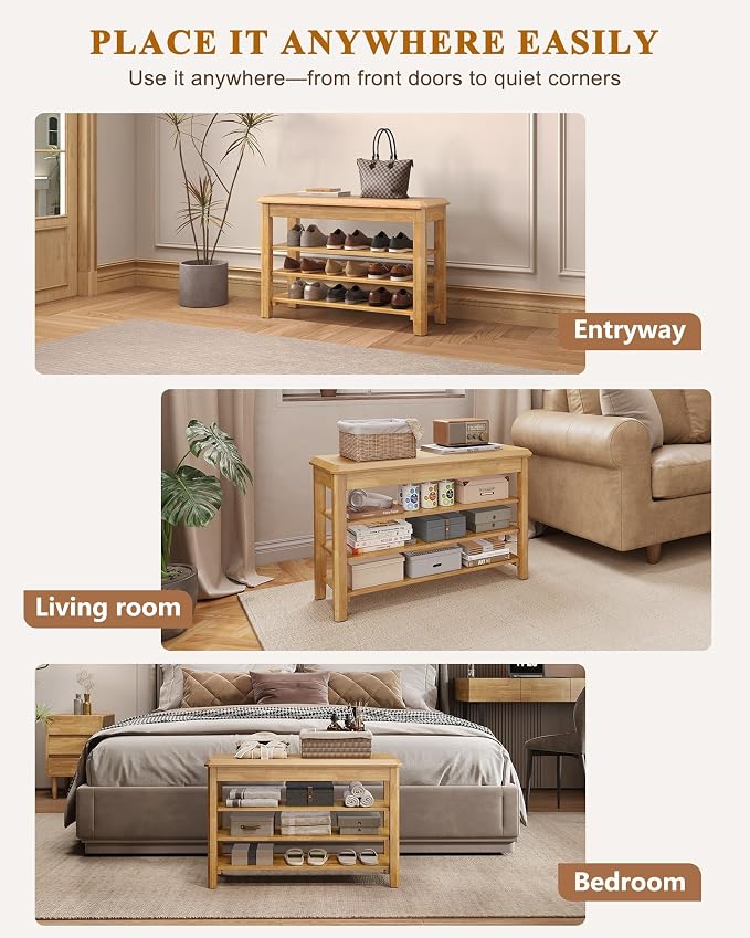 IUNVR Shoe Rack Bench Seat Rubberwood 3-Tier Wooden Storage Bench 550lbs Compact Mid-Century Modern Design for Entryway, Hallway, Closet, Front Door Entrance, Foyer