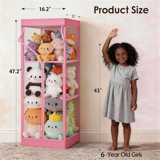 Clear Stuffed Animal Storage Organizer with Zippered Waterproof & Dustproof Cover, Large Stuffed Holder. (Pink, 16.2" L x 16.2" W x 47.2" H)