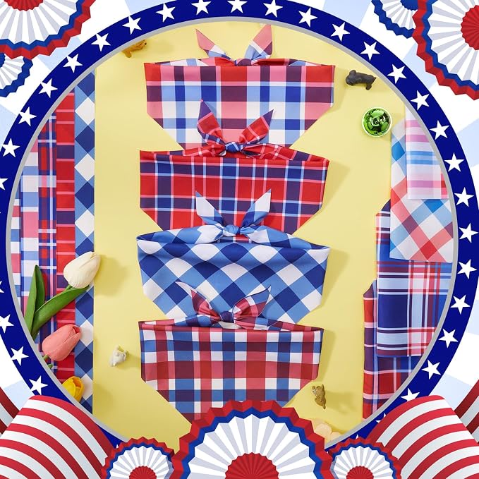 Abbylike 50 Pcs Red White and Blue Plaid Dog Bandanas Bulk Patriotic Gingham Bandana for Dogs Triangle Kerchief Bib Scarf for Pet Veterans Day Thank You Veterans Party Costume, 25 Styles, Medium