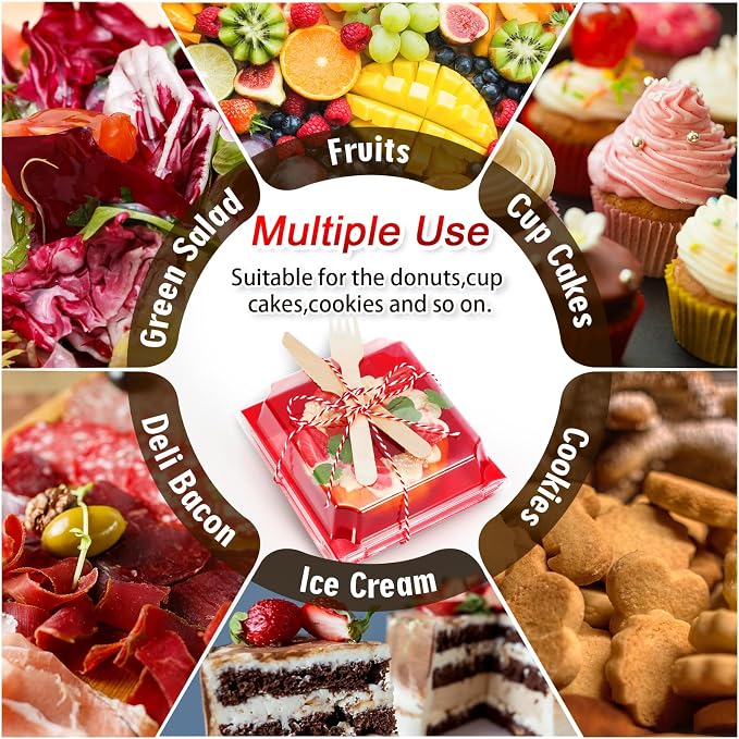 Whaline 50 Set Red Small Charcuterie Boxes with Clear Lids Forks Knives Mother's Day Clear Mini Dessert Box Disposable Food Container for Gift Giving Wedding Party Sandwich Cookie Sushi Cake