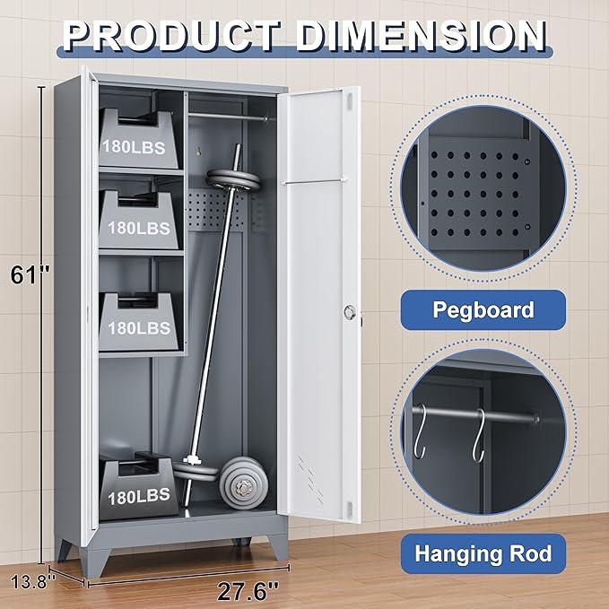 61" Broom Storage Cabinet, Cleaning Tool Storage Cabinet, Garage Utility Storage, Metal Broom Closet for Home, Garage, Utility Room (Gray White, Door-2)