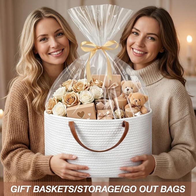 Colingmill Empty Gift Basket Woven Cotton Rope PU Handles,16.5*10*9 Inch