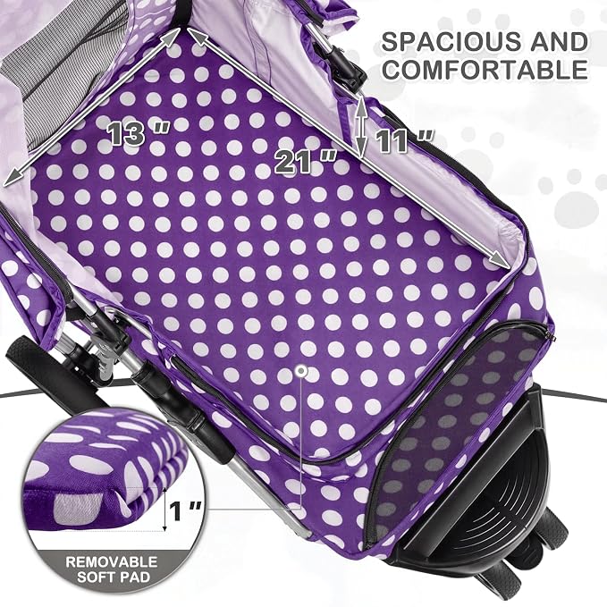 MoNiBloom Pet Stroller for Small/Medium Dogs and Cats, Purple Polka Dots | Foldable Dog Stroller 3 Wheels Pet Strolling Cart w/ Storage Basket Cup Holder, Breathable and Visible Mesh for All-Season