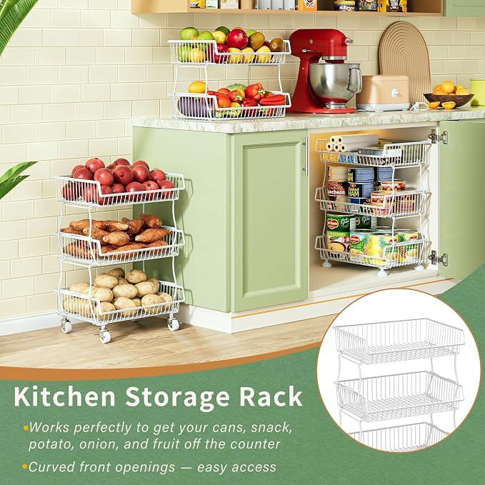 OKZEST Pantry Organizers and Storage Cart with Upgraded Metal Hub Casters | Fits under pantry shelf, Stackable fine-mesh wire baskets, 3-Tier rolling cart holds drink, snack, can, potato, onion, fruit