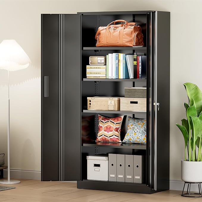 Greenvelly Metal Storage Cabinet, 72" Black Locking Storage Cabinets with Doors and 4 Shelves, Tall Tool Storage Cabinet for Garage, Steel Lockable File Cabinet Metal Locker for Home Office, Classroom