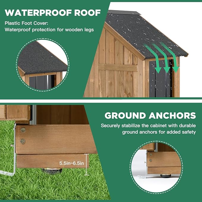 Ketive Outdoor Storage Cabinet, Wood & Metal Storage Shed with Weather-Resistant Roof, Adjustable Shelf, Lockable Doors & Adjustable Feet, for Garden, Patio, Backyard, 27.5" x 13" x 67"