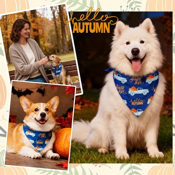 Hello Fall Dog Bandana Autumn Harvest Pumpkin Truck, 30-75lbs Pets