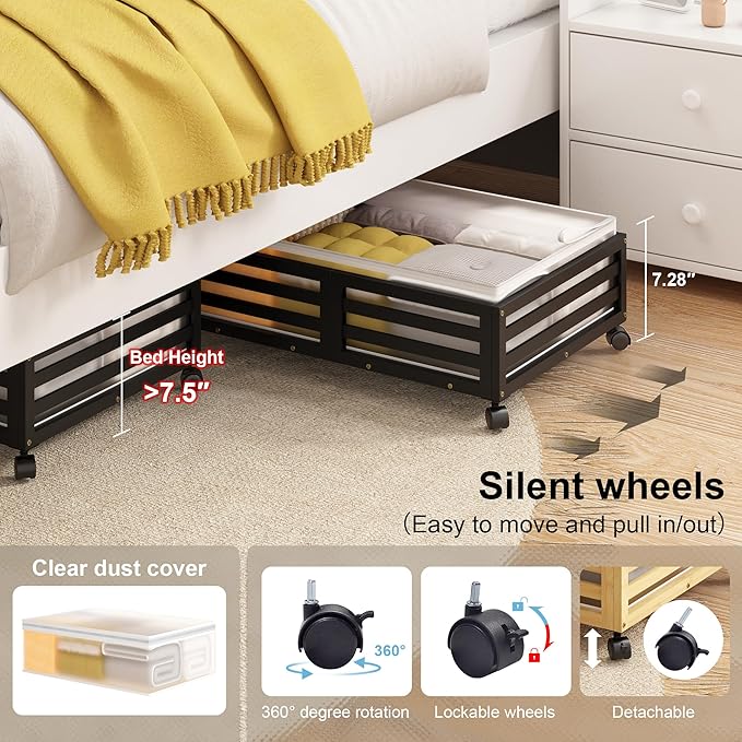 Under Bed Storage with Wheels, 2 Pack Bamboo Drawers for Shoes and Clothes | Fitted dustproof bags, stackable design, smooth pullout access for bedding, blankets, toys and seasonal essentials