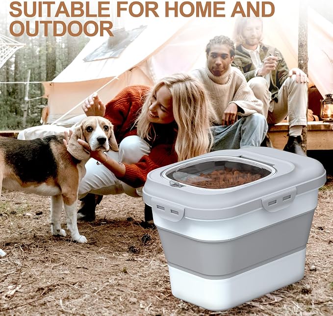 TIOVERY Dog Food Storage Container Small, 10-13lbs Collapsible Dog Cat Food Containers with Airtight Clear Flip-top and Pet Food Scoop, Pet Food Storage Container Bin for Dog Cat Bird Other Pets Grey