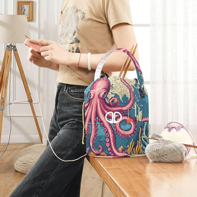 Tatenale Crochet Bag Yarn Bag Knitting Project Bag with Pockets and Handle Portable Yarn Storage Organizer Tangle Free 8.3x11 InchWorld Map Octopus Corals and Seaweeds28