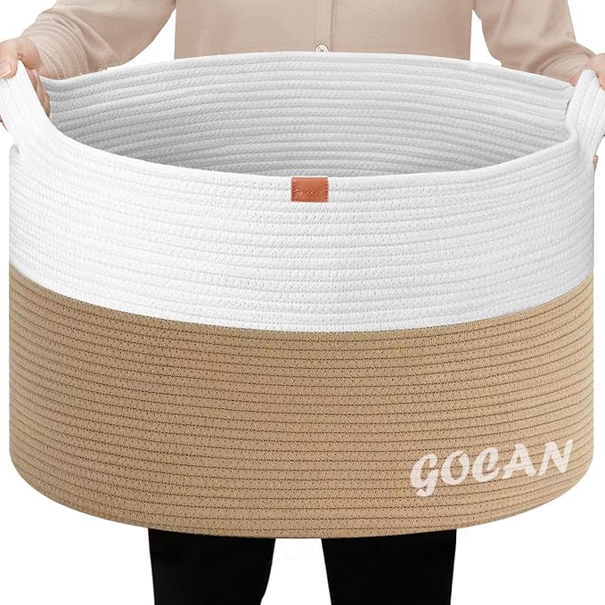 Cotton Rope Woven Laundry Basket 22"X 22"X 14" with handles(Jute/Beige)XXXL | Hand-woven, ideal for storing blankets and cushions in the living room, and clothes for household storage.