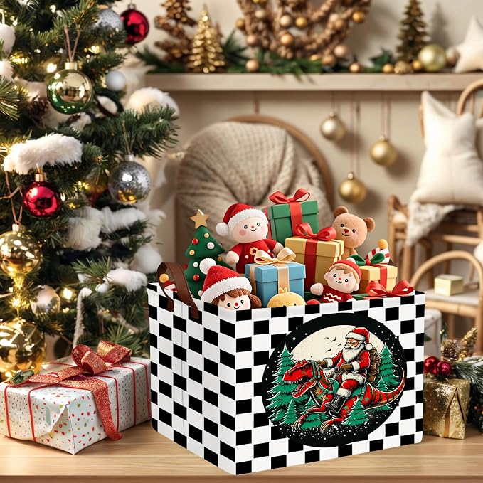 Empty Large Christmas Basket for Gifts Women Collapsible Storage Bin Kids Toy Box Holiday Décor (Checkered Dinosaur)