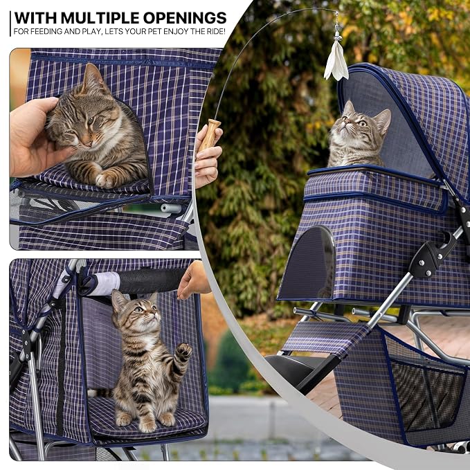 MoNiBloom Pet Stroller for Small/Medium Dogs and Cats up to 33 lbs, Plaid | Foldable Dog Stroller 3 Wheels Pet Strolling Cart w/ Storage Basket Cup Holder, Breathable and Visible Mesh for All-Season