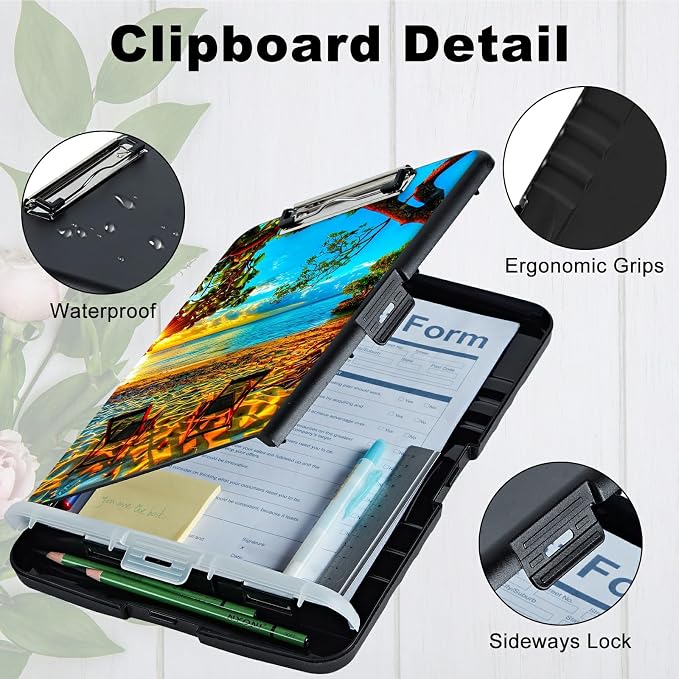 Beach Sunset A4 Clipboard with Storage Pen Holder, Clipboards Organizer Nursing Clipboard Foldable File Folder Plastic Clipboard Folio Clip Board for Office Students Classroom Doctor