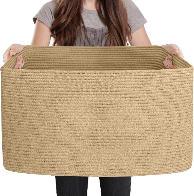 Large Jute Rectangle Rope Basket, 23.6" x 17" x 12" Blanket Storage for Living Room, Pool Towel Basket, Woven Baby Floor Laundry Hamper for Clothes, Toy Storage Bin, Bathroom Towel Storage
