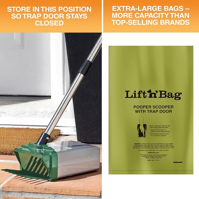 Neater Pet Brands Lift N’ Bag 2.0 Dog Pooper Scooper with Bag Attachment & 22" Pole for Small to Large Dogs, New & Improved Design, 60 Refill Bags, Heavy Duty Dog Poop Scooper for Yard, One-Hand Use
