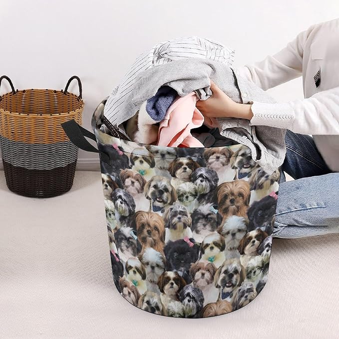 Large Laundry Hamper for Shih Tzu Lover, Waterproof Laundry Basket with Handle, Cute Shih Tzu Dog Print Collapsible Clothes Storage Organization for Bathroom Bedroom Laundryroom