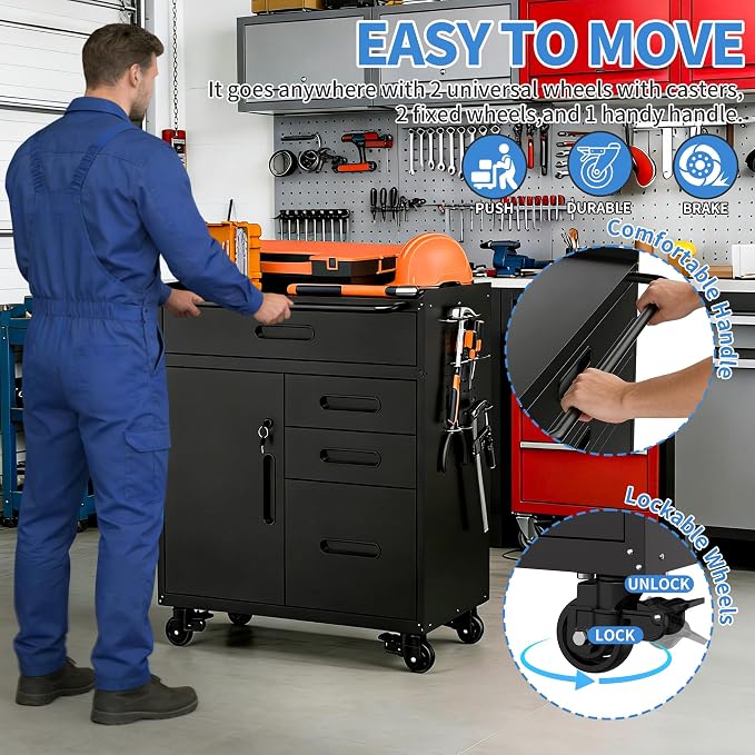 Metal Storage Cabinet for Garage, Tool Cabinet, Utility Cabinet | Wheeled, Rolling Tool Cabinet, 4 Drawers, 1 Doors Lockable, Top Countertop, Pegboard, Assembly Required, Black