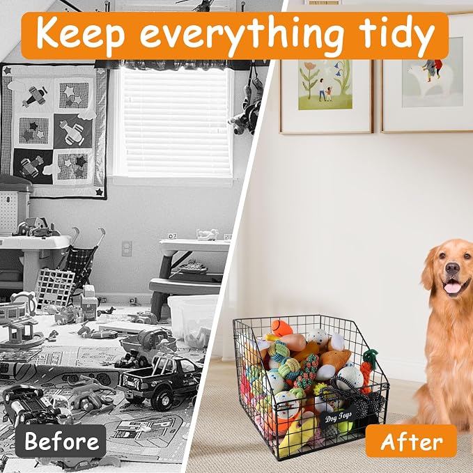 Geyecete dog toy basket Pet wire folding dog toy bin Trapezoid dog toy box Dog Toys Storage Toy box for dogs Chew-Proof Dog Food Toy Storage Container