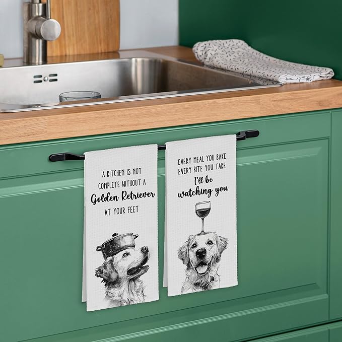 Funny Dog Golden Retriever Kitchen Towels Set of 2, Every Meal You Bake Hand Towels Decor for Bathroom, Cute Dish Towel Gifts for Dog Lovers, Rustic Tea Bar Waffle Towel for Dorm 16x24in