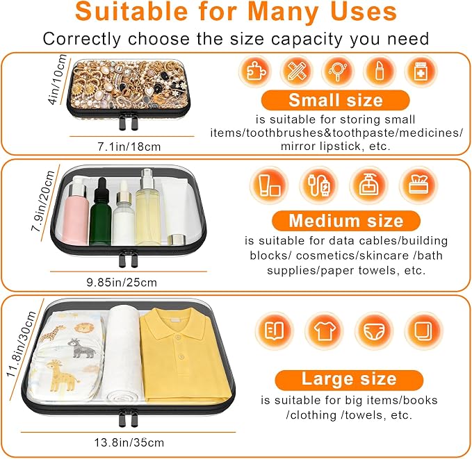 Clear Hard Shell Storage Bag 3 Pcs Waterproof PET Travel Cosmetic Organizer | Multi-size Plastic Zipper Pouch Crush-proof Makeup Box Fits Cosmetics,Toiletries for Travel,Home,Outdoors